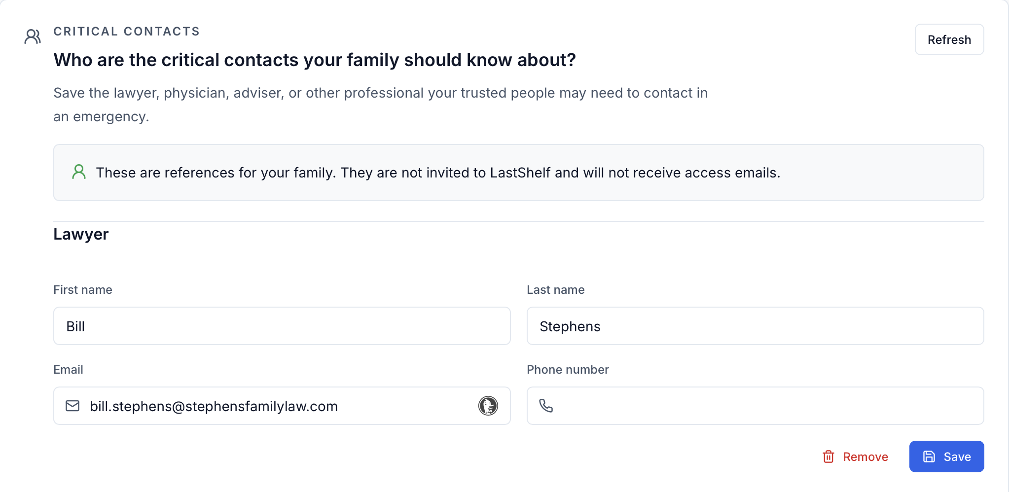 LastShelf critical contacts — lawyer name, email, and phone fields