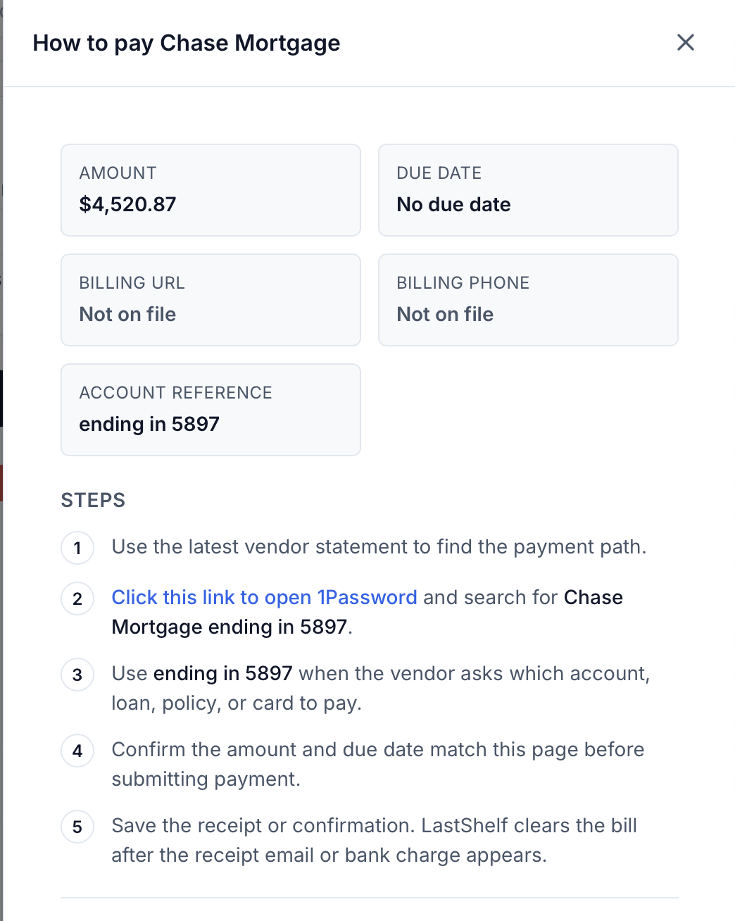 LastShelf payment instructions — how to pay Chase Mortgage in 5 steps