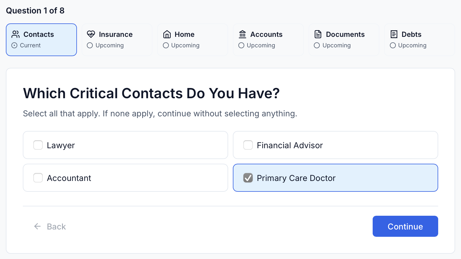 LastShelf onboarding — question 1 of 8, which critical contacts do you have?